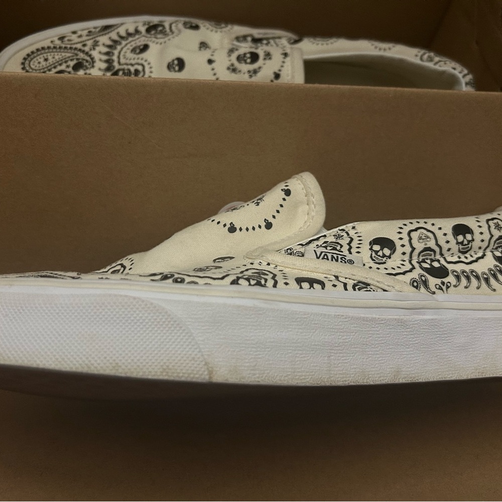 Vans Cream and Black Skull Pattern Slip-Ons